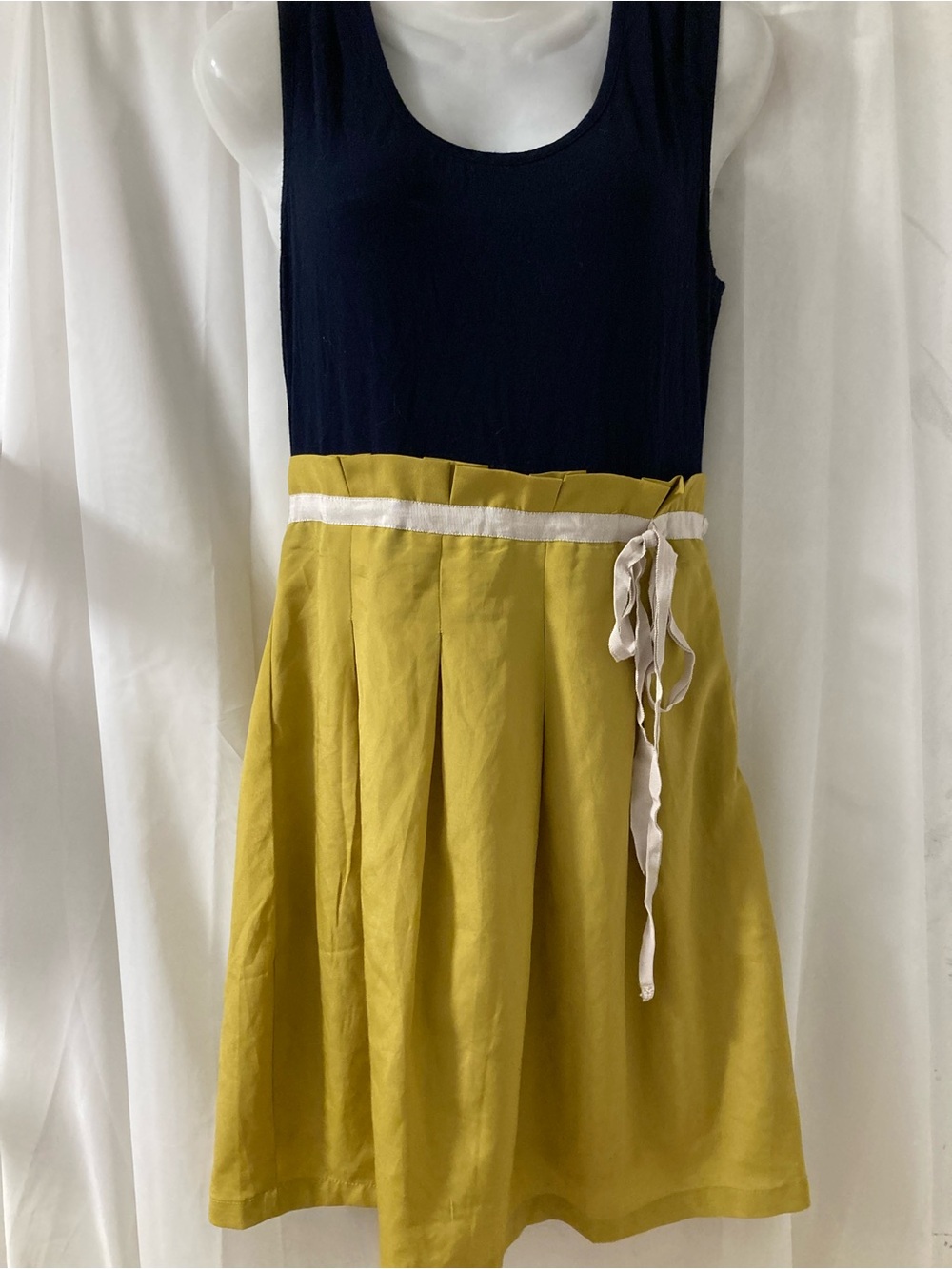 Pink Martini Color Block Fit & Flare Dress Navy Mustard Bow Waist M